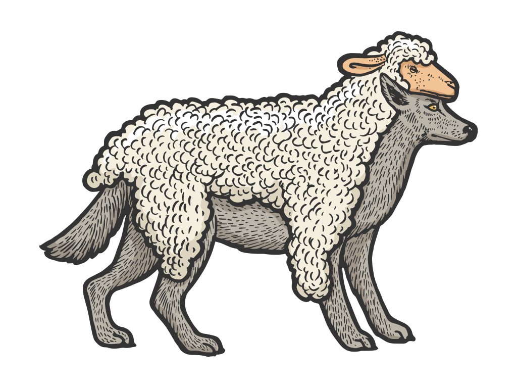 Engraving of a wolf wearing a sheep's coat as a disguise (Credit: Alexander_P / Shutterstock.com)