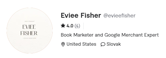 Profile of Eviee Fisher on Fiverr: "Book Marketer and Google Merchant Expert"