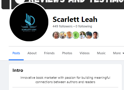 Profile of Scarlett Leah on Facebook "Innovative book makreter with passion for building meaningful connections between authors and readers"