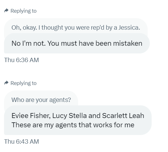 Screenshot of social media scammer referral:
"Who are your agents?"
"Eviee Fisher, Lucy Stella and Scarlett Leah
These are my agents that works for me"