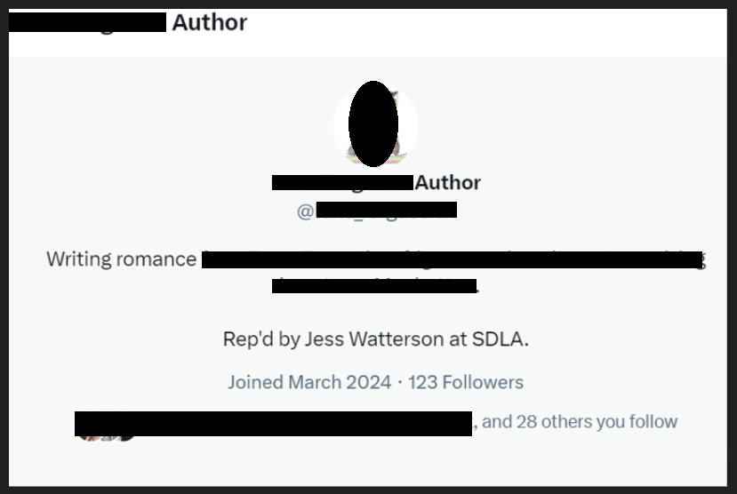 Author profile falsely claimed by scammer. "Rep'd by Jess Watterson at SDLA."