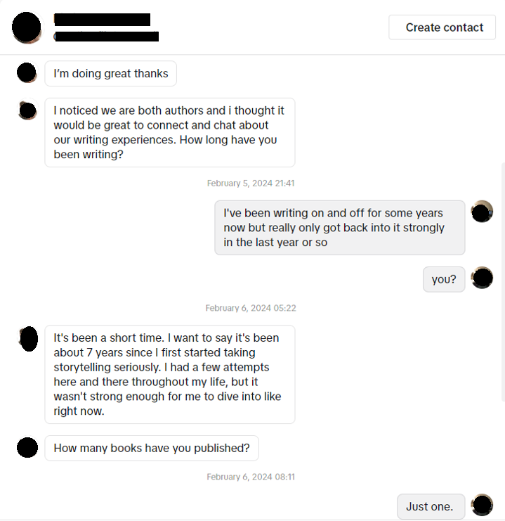 Screenshot of DMs from social media marketing scammer posing as an author: "I noticed we are both authors and I thought it would be great to connect and chat about our writing experiences. How long have you been writing?"