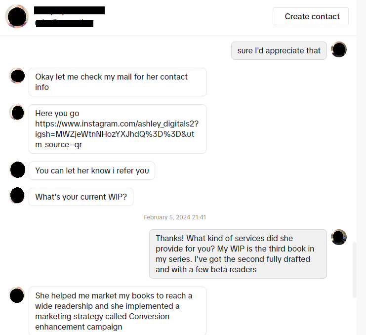 Screenshot of DMs from marketing scammer posing as an author, with a recommendation for a marketer: "She helped me market my books to reach a wide readership and she implemented a marketing strategy called Conversion enhancement campaign"