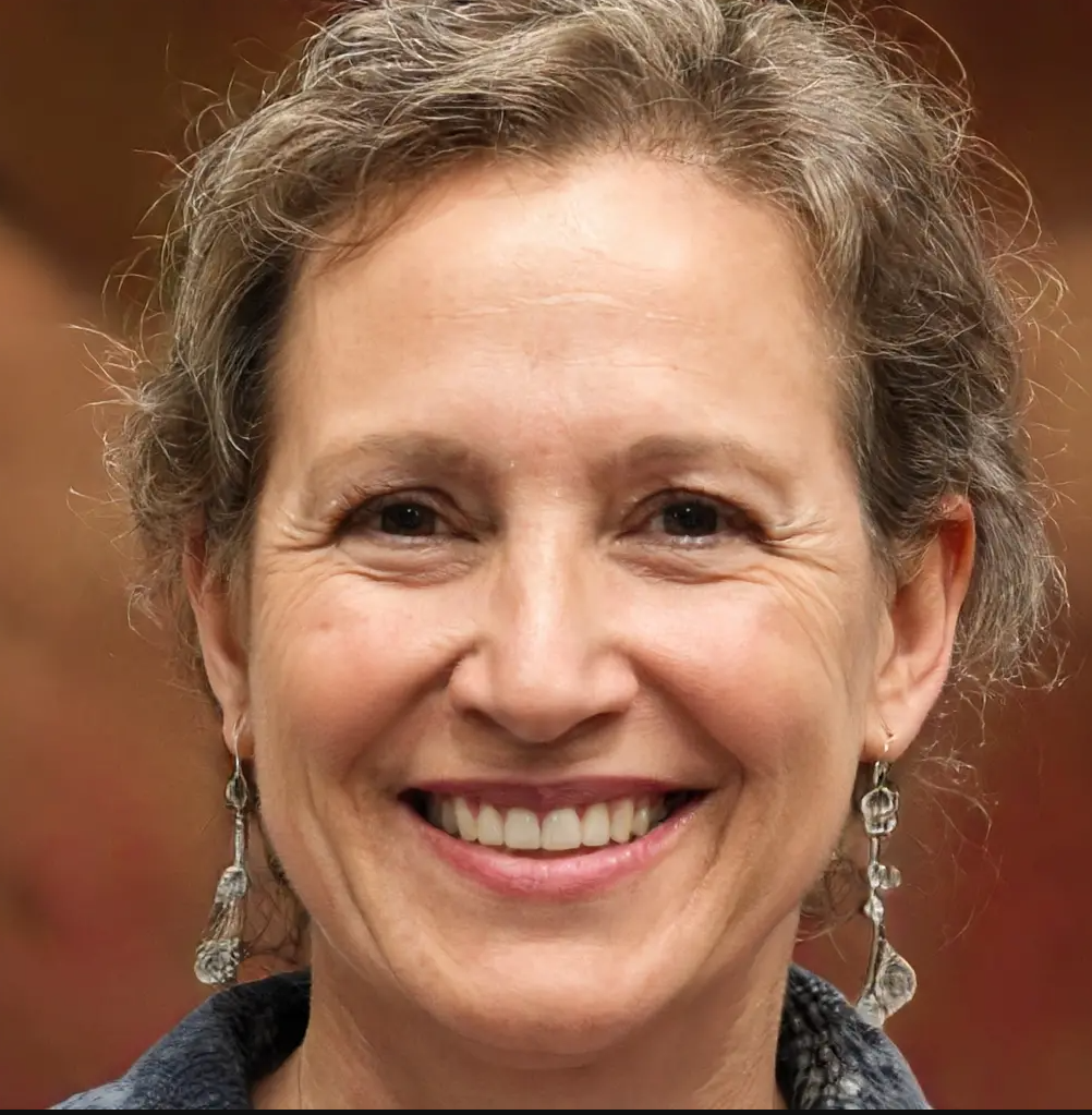 Image of "Jayden Myers": Smiling middle-aged woman with graying brown hair, denim jacket, and crystal earrings, on a blurred background.