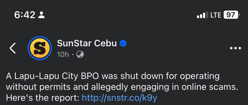 Header image: screenshot of SunStar Cebu news headline: 

A Lapu-Lapu City BPO was shut down for operating without permits and allegedly engaging in online scams.